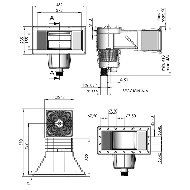 Medidas Skimmer 17,5L boca ancha y alargo tapa cuadrada piscina hormigón AstralPool