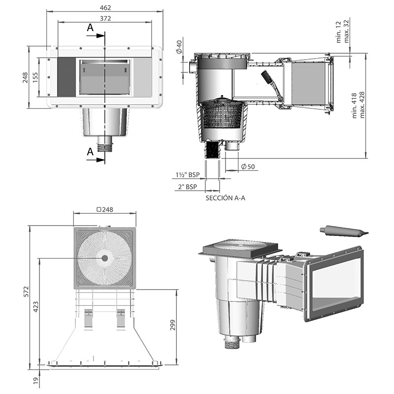 Medidas Skimmer 17,5L boca ancha y alargo tapa cuadrada piscina hormigón AstralPool
